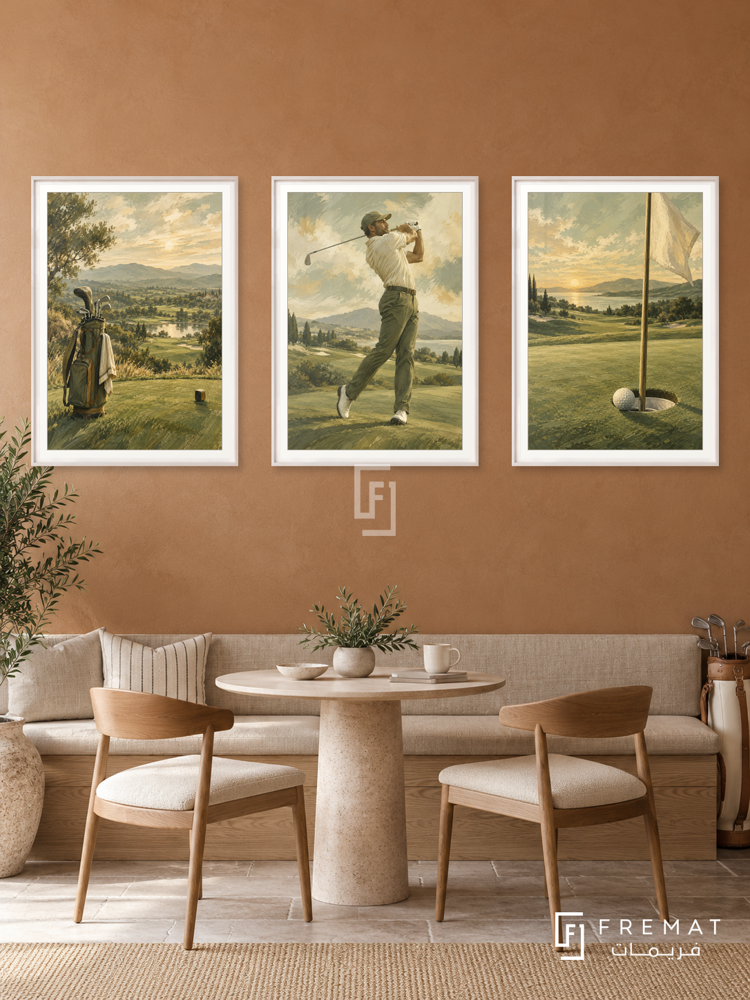 Golf — set of three complementary sports artworks in White frames, shown at 50×70 cm each.