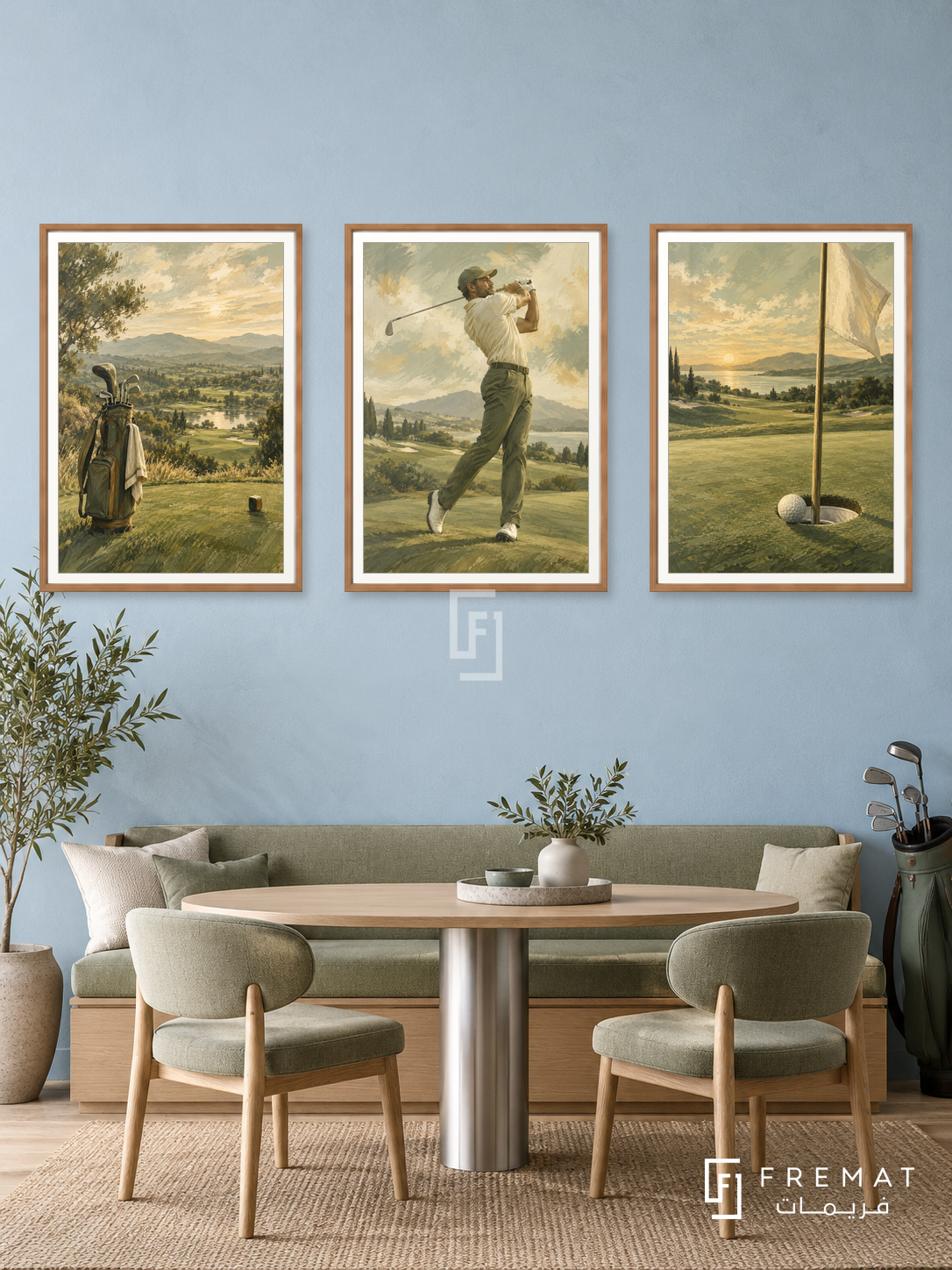 Golf — set of three complementary sports artworks in Wooden Texture frames, shown at 50×70 cm each.