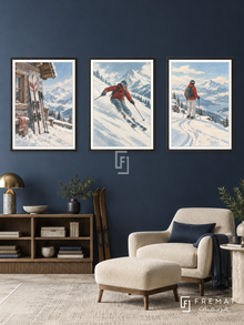Skiing — set of three complementary sports artworks in Black frames, shown at 50×70 cm each.