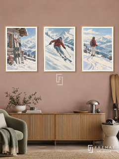 Skiing — set of three complementary sports artworks in Gold frames, shown at 50×70 cm each.