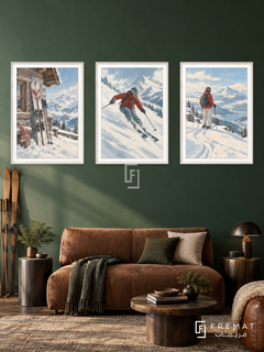 Skiing — set of three complementary sports artworks in White frames, shown at 50×70 cm each.