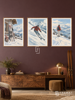 Skiing — set of three complementary sports artworks in Wooden Texture frames, shown at 50×70 cm each.