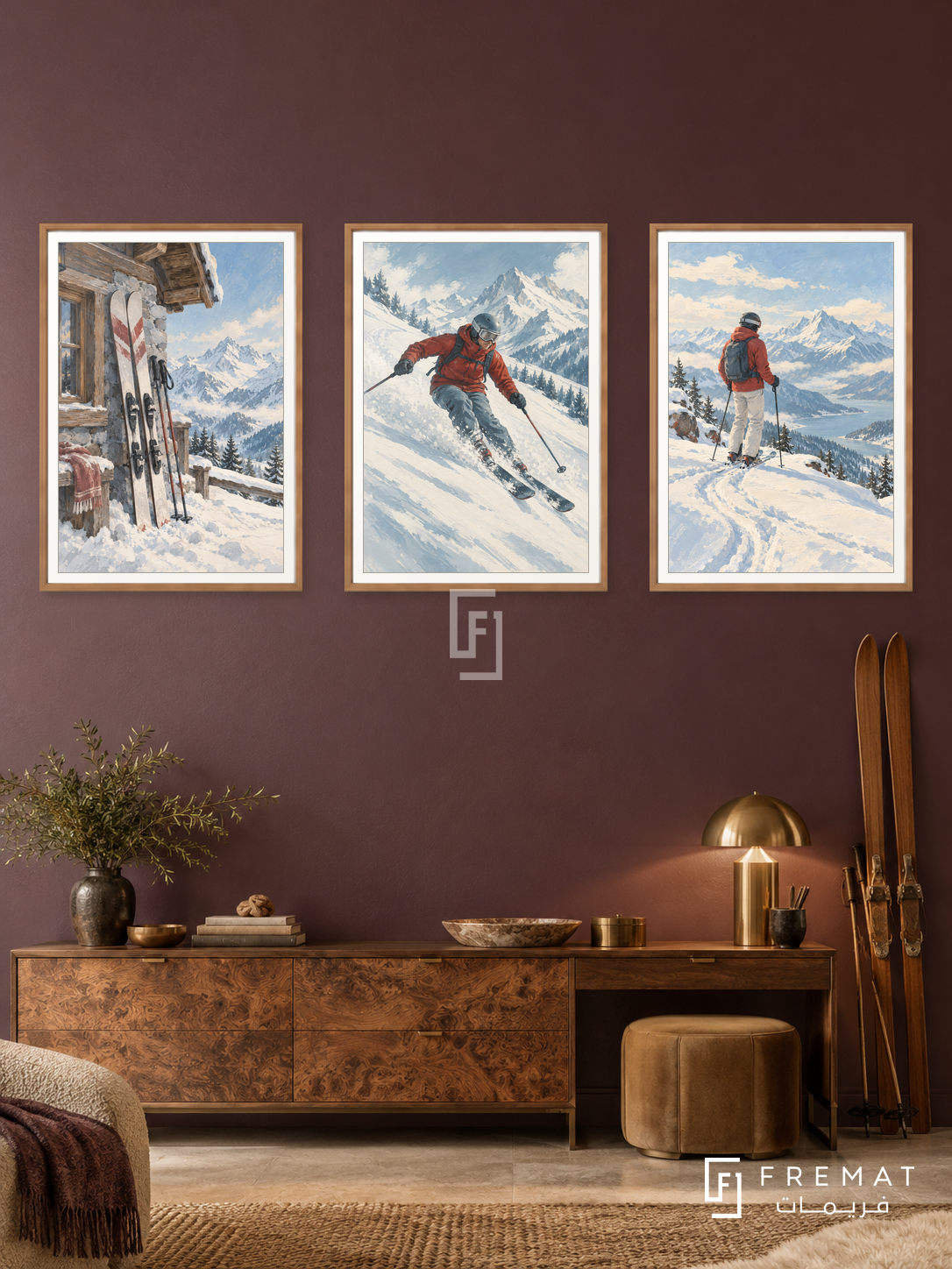 Skiing — set of three complementary sports artworks in Wooden Texture frames, shown at 50×70 cm each.