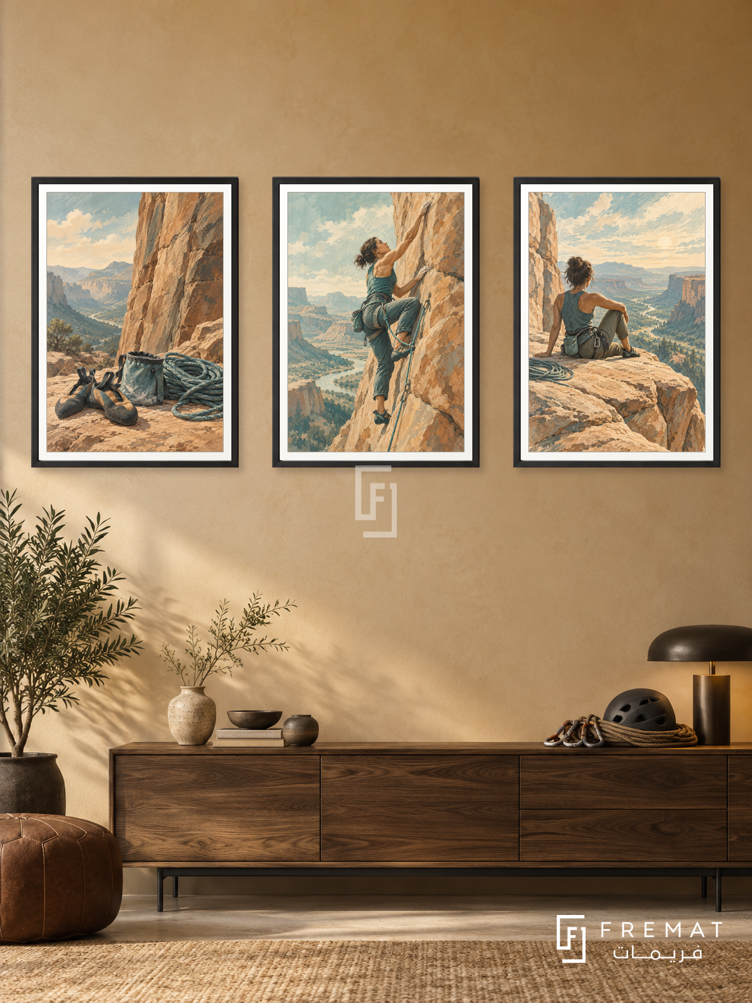 Climbing — set of three complementary sports artworks in Black frames, shown at 50×70 cm each.