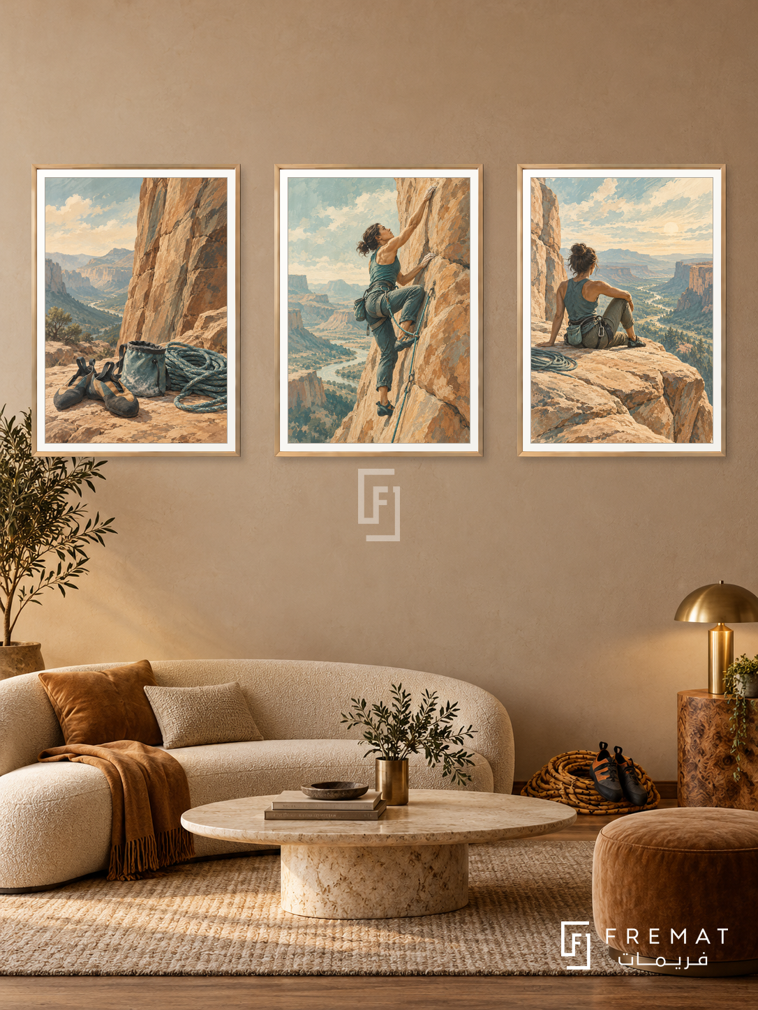 Climbing — set of three complementary sports artworks in Gold frames, shown at 50×70 cm each.