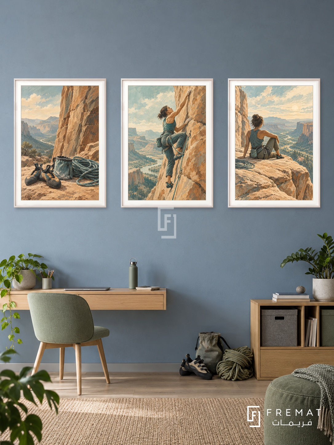 Climbing — set of three complementary sports artworks in White frames, shown at 50×70 cm each.