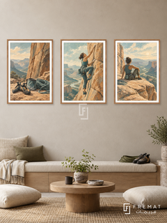 Climbing — set of three complementary sports artworks in Wooden Texture frames, shown at 50×70 cm each.