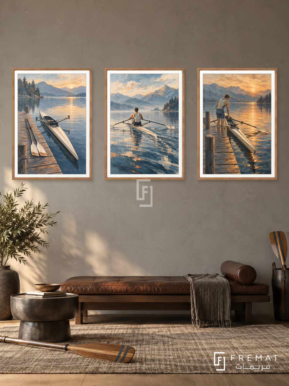 Rowing — set of three complementary sports artworks in Wooden Texture frames, shown at 50×70 cm each.