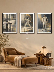 Fencing — set of three complementary sports artworks in Black frames, shown at 50×70 cm each.