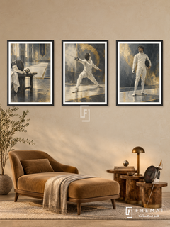 Fencing — set of three complementary sports artworks in Black frames, shown at 50×70 cm each.