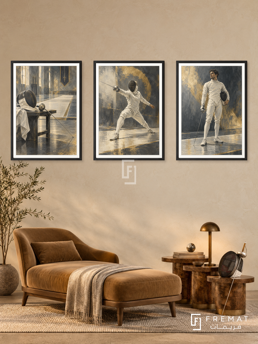 Fencing — set of three complementary sports artworks in Black frames, shown at 50×70 cm each.