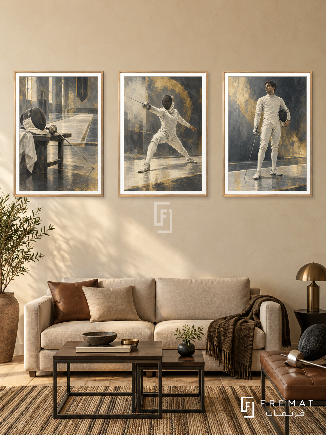 Fencing — set of three complementary sports artworks in Gold frames, shown at 50×70 cm each.