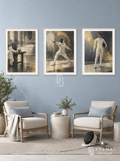 Fencing — set of three complementary sports artworks in White frames, shown at 50×70 cm each.