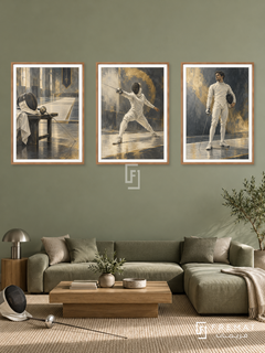 Fencing — set of three complementary sports artworks in Wooden Texture frames, shown at 50×70 cm each.