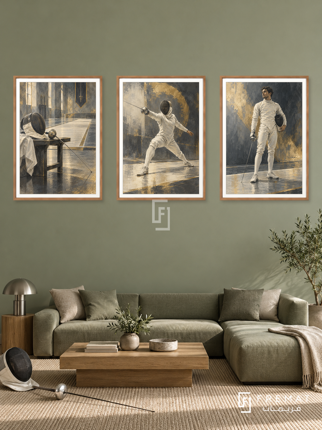 Fencing — set of three complementary sports artworks in Wooden Texture frames, shown at 50×70 cm each.