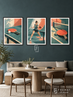 Table Tennis — set of three complementary sports artworks in Black frames, shown at 50×70 cm each.