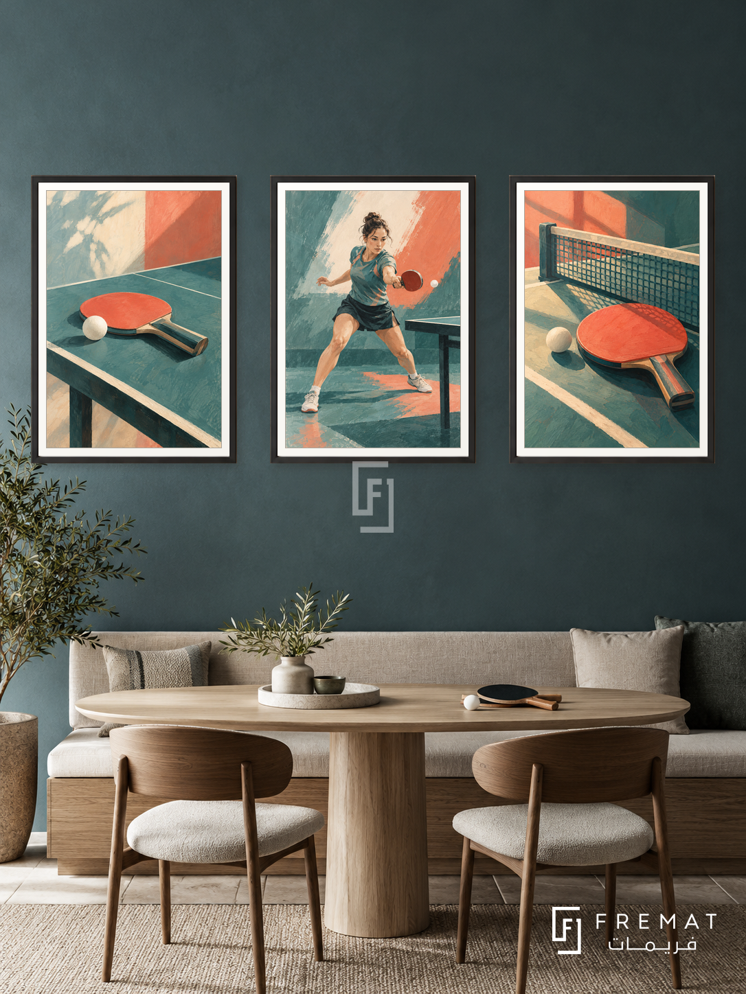 Table Tennis — set of three complementary sports artworks in Black frames, shown at 50×70 cm each.