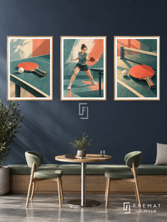 Table Tennis — set of three complementary sports artworks in Gold frames, shown at 50×70 cm each.
