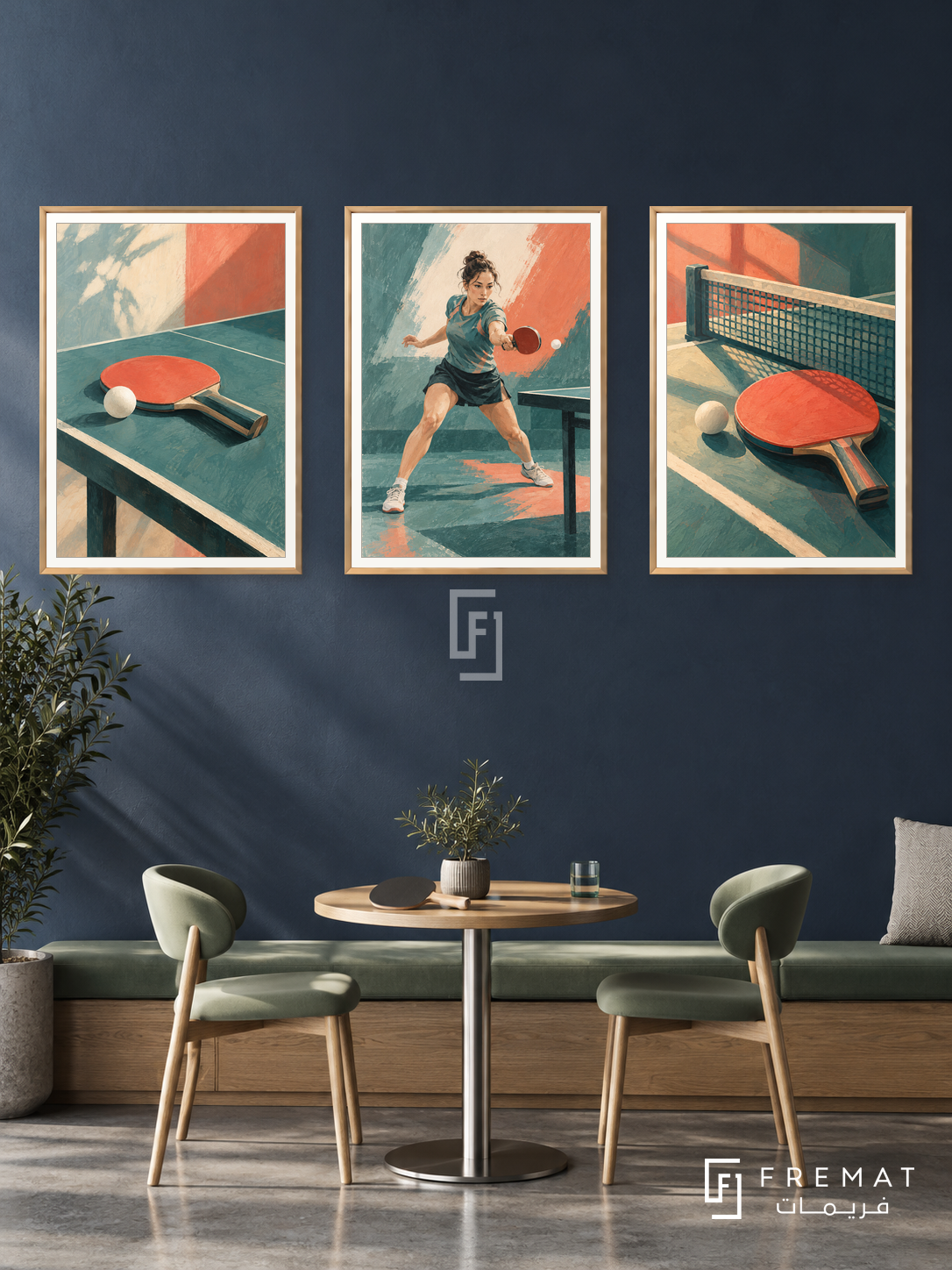 Table Tennis — set of three complementary sports artworks in Gold frames, shown at 50×70 cm each.