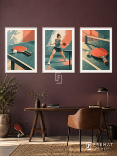 Table Tennis — set of three complementary sports artworks in White frames, shown at 50×70 cm each.
