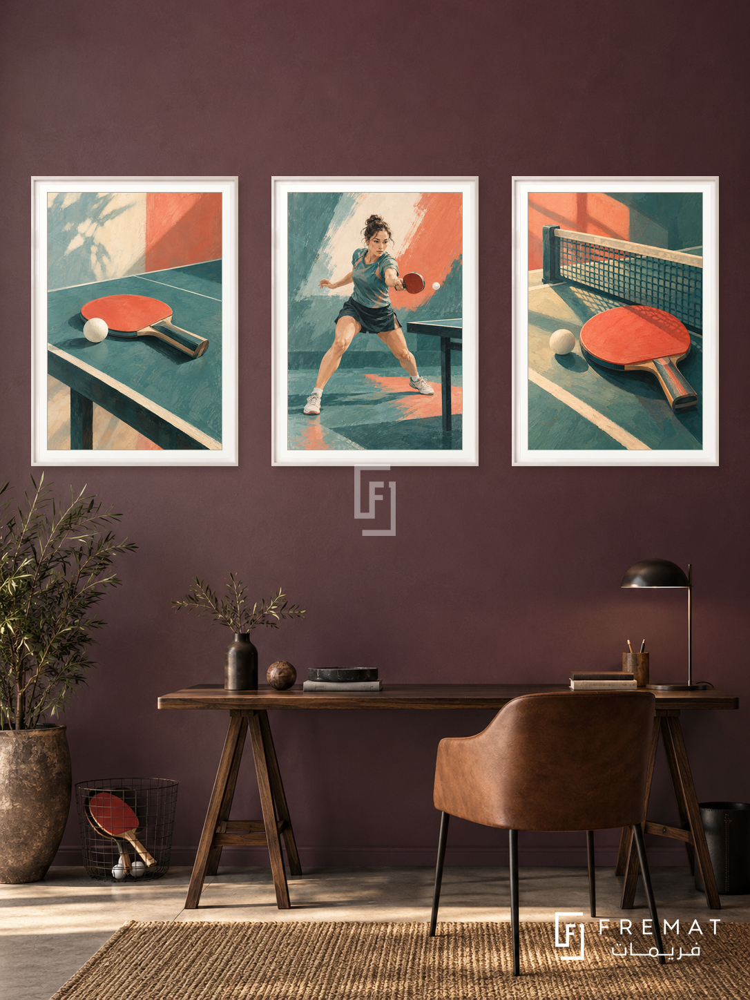 Table Tennis — set of three complementary sports artworks in White frames, shown at 50×70 cm each.