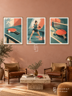 Table Tennis — set of three complementary sports artworks in Wooden Texture frames, shown at 50×70 cm each.