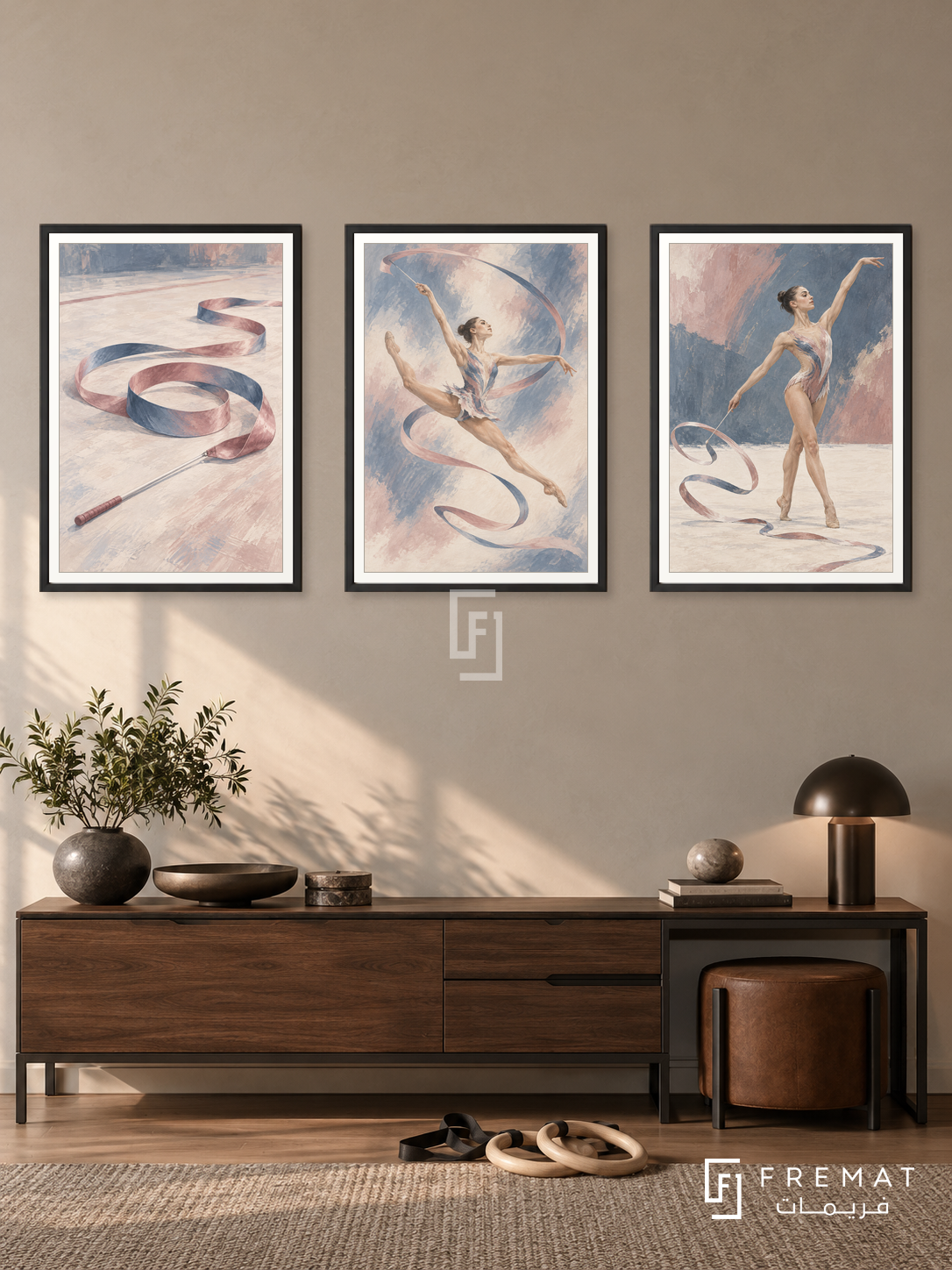 Gymnastics — set of three complementary sports artworks in Black frames, shown at 50×70 cm each.
