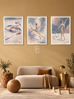 Gymnastics — set of three complementary sports artworks in Gold frames, shown at 50×70 cm each.