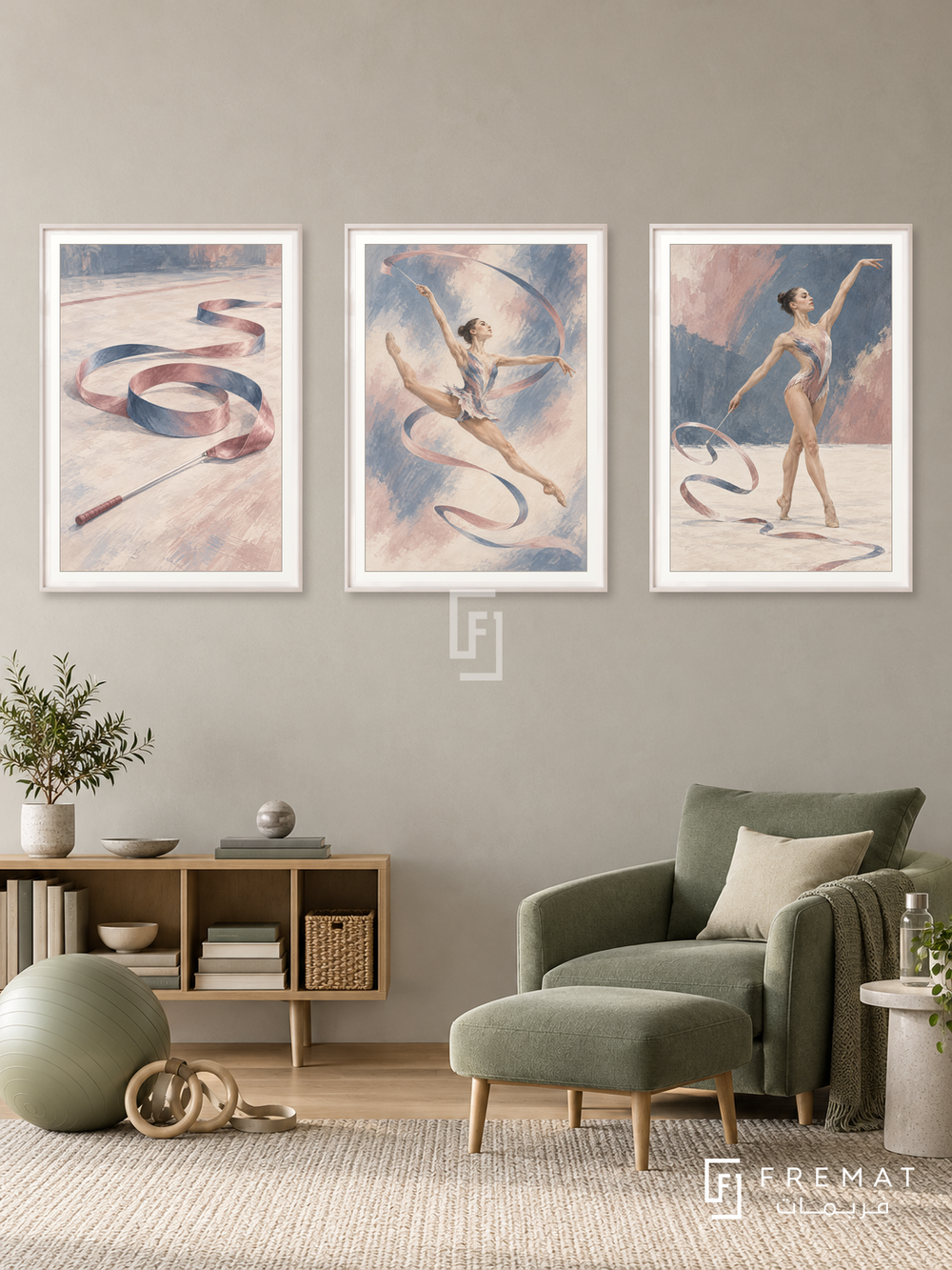 Gymnastics — set of three complementary sports artworks in White frames, shown at 50×70 cm each.