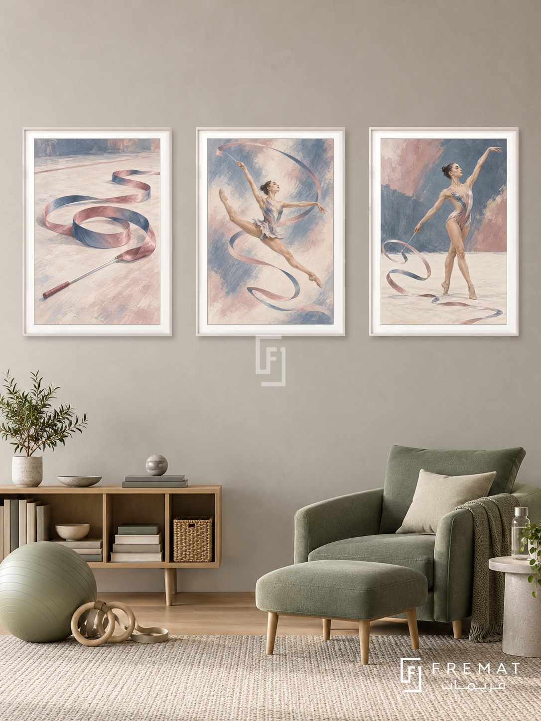 Gymnastics — set of three complementary sports artworks in White frames, shown at 50×70 cm each.