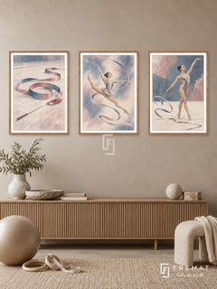 Gymnastics — set of three complementary sports artworks in Wooden Texture frames, shown at 50×70 cm each.