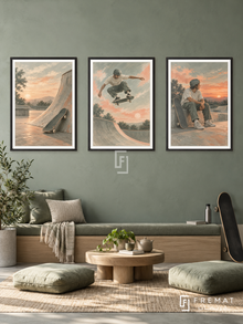 Skateboarding — set of three complementary sports artworks in Black frames, shown at 50×70 cm each.