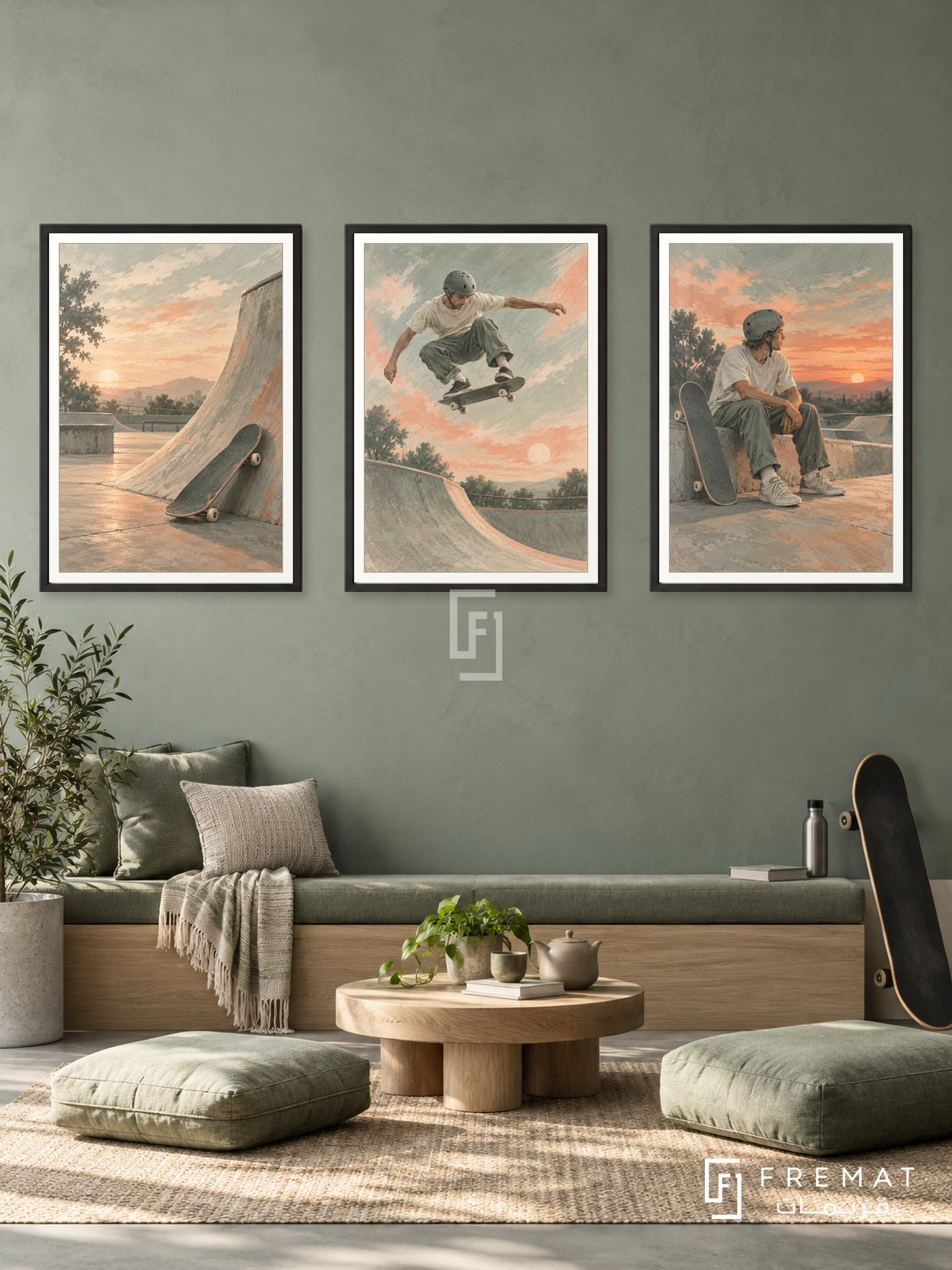 Skateboarding — set of three complementary sports artworks in Black frames, shown at 50×70 cm each.