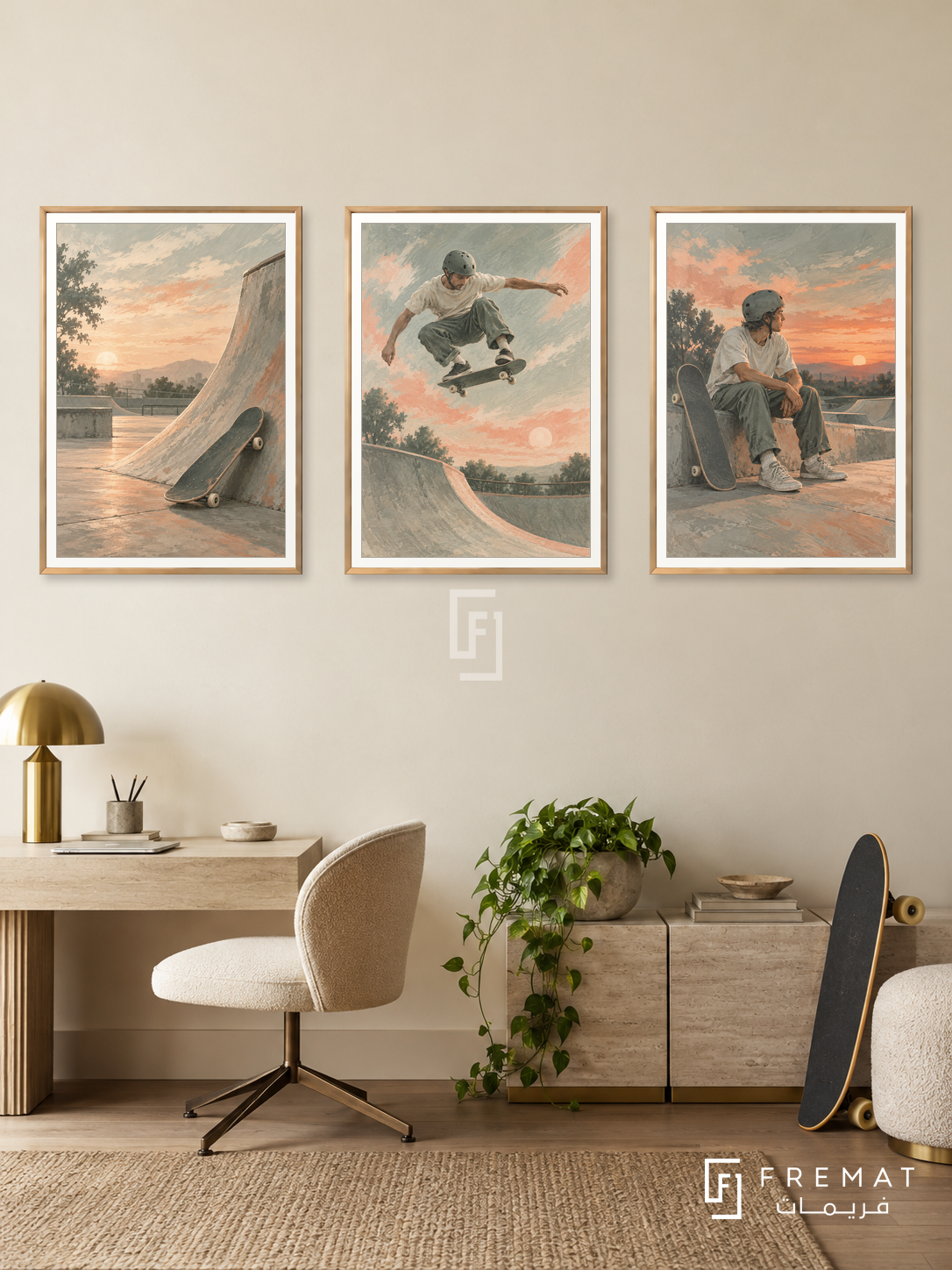Skateboarding — set of three complementary sports artworks in Gold frames, shown at 50×70 cm each.