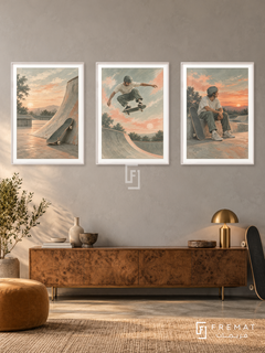 Skateboarding — set of three complementary sports artworks in White frames, shown at 50×70 cm each.