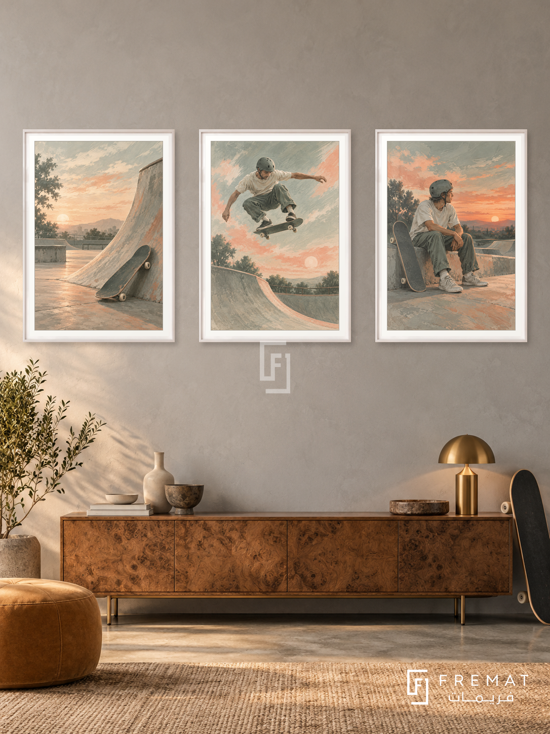 Skateboarding — set of three complementary sports artworks in White frames, shown at 50×70 cm each.