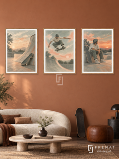 Skateboarding — set of three complementary sports artworks in Wooden Texture frames, shown at 50×70 cm each.