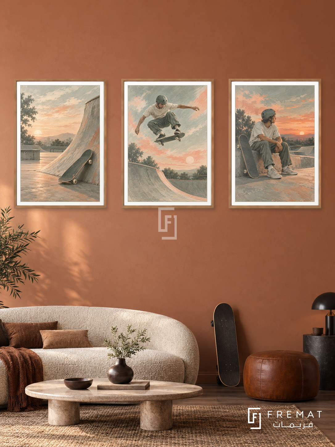 Skateboarding — set of three complementary sports artworks in Wooden Texture frames, shown at 50×70 cm each.