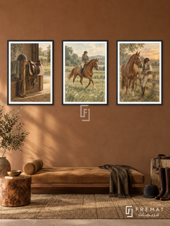 Equestrian — set of three complementary sports artworks in Black frames, shown at 50×70 cm each.