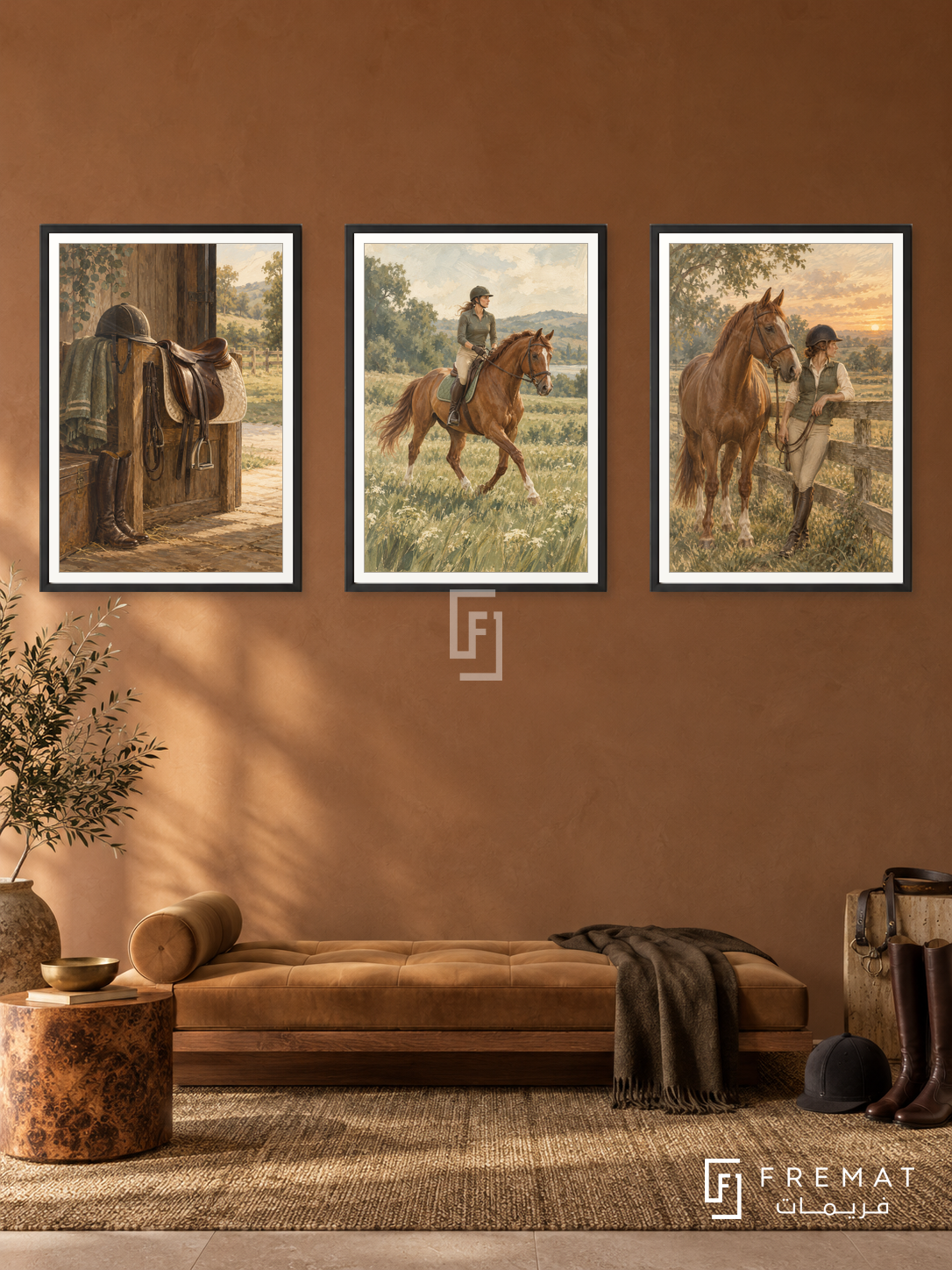 Equestrian — set of three complementary sports artworks in Black frames, shown at 50×70 cm each.