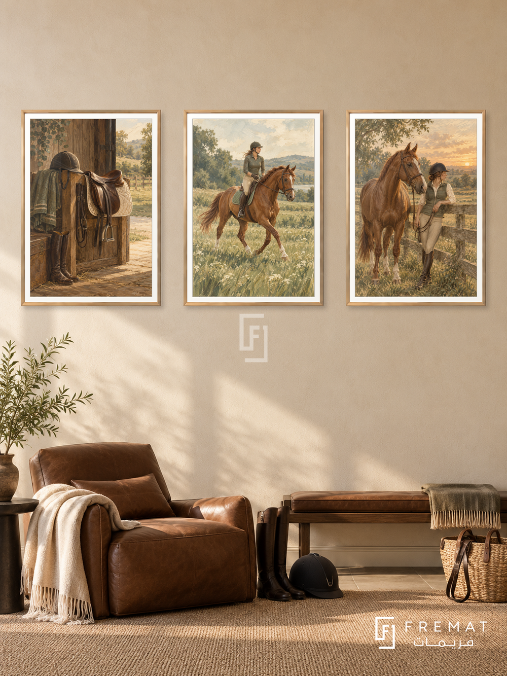 Equestrian — set of three complementary sports artworks in Gold frames, shown at 50×70 cm each.