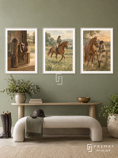 Equestrian — set of three complementary sports artworks in White frames, shown at 50×70 cm each.