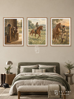 Equestrian — set of three complementary sports artworks in Wooden Texture frames, shown at 50×70 cm each.