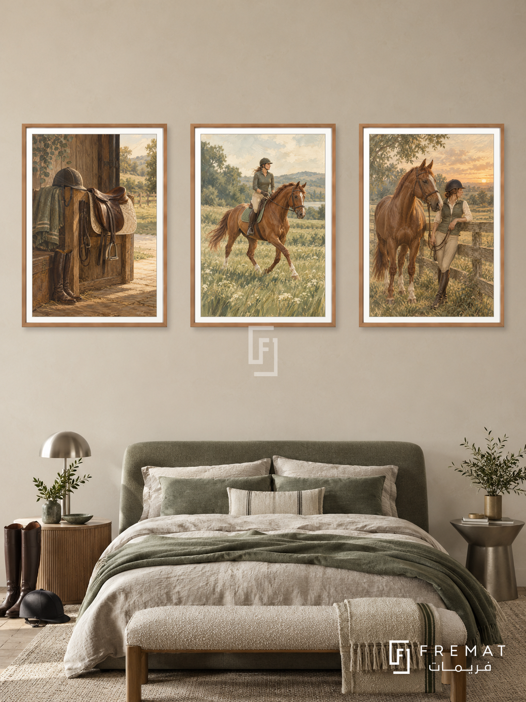 Equestrian — set of three complementary sports artworks in Wooden Texture frames, shown at 50×70 cm each.