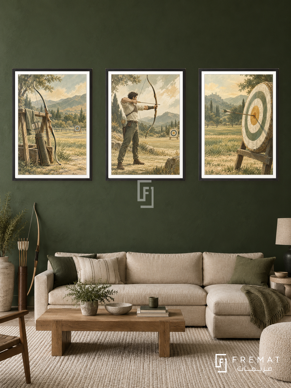 Archery — set of three complementary sports artworks in Black frames, shown at 50×70 cm each.