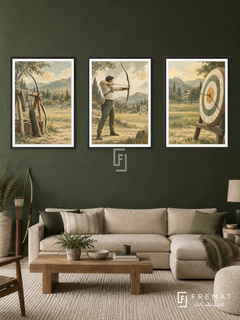Archery — set of three complementary sports artworks in Black frames, shown at 50×70 cm each.