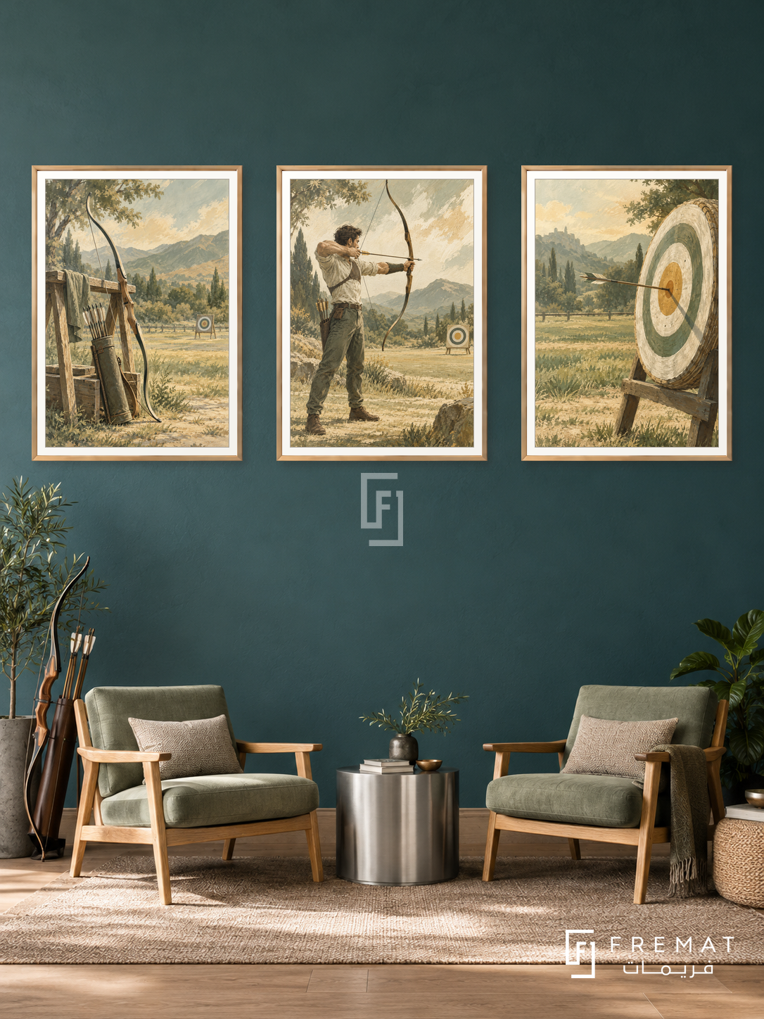 Archery — set of three complementary sports artworks in Gold frames, shown at 50×70 cm each.