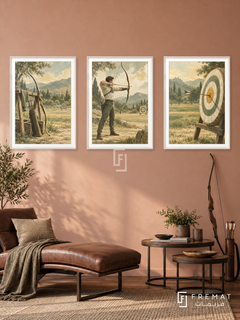 Archery — set of three complementary sports artworks in White frames, shown at 50×70 cm each.