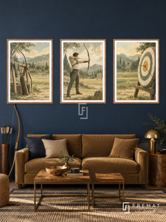 Archery — set of three complementary sports artworks in Wooden Texture frames, shown at 50×70 cm each.
