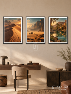 Desert Passage — set of three complementary travel artworks in Black frames, shown at 50×70 cm each.